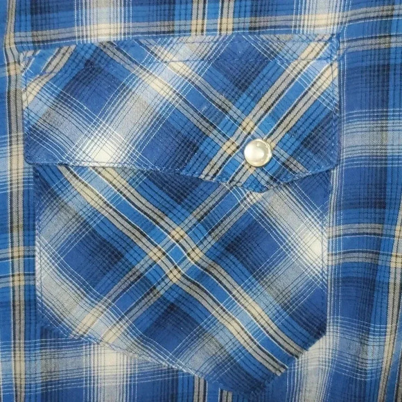 Wrangler Wrancher Pearl Snap Large Blue Plaid Shirt Western Cowboy Cotton Blend - Picture 3 of 11